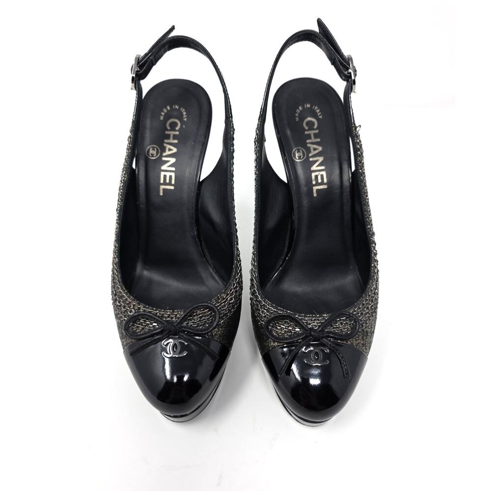 Chanel Slingback Platform Vintage Heels Cap Toe CC Logo Bow Chain Black 36.5 6 - Picture 3 of 10
